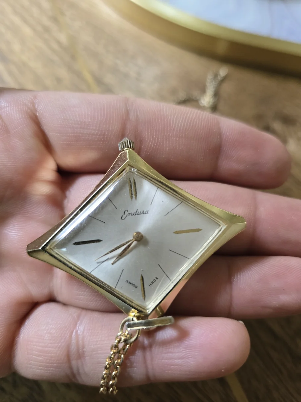 Gold-Tone Square Pendant Watch Necklace Automatic